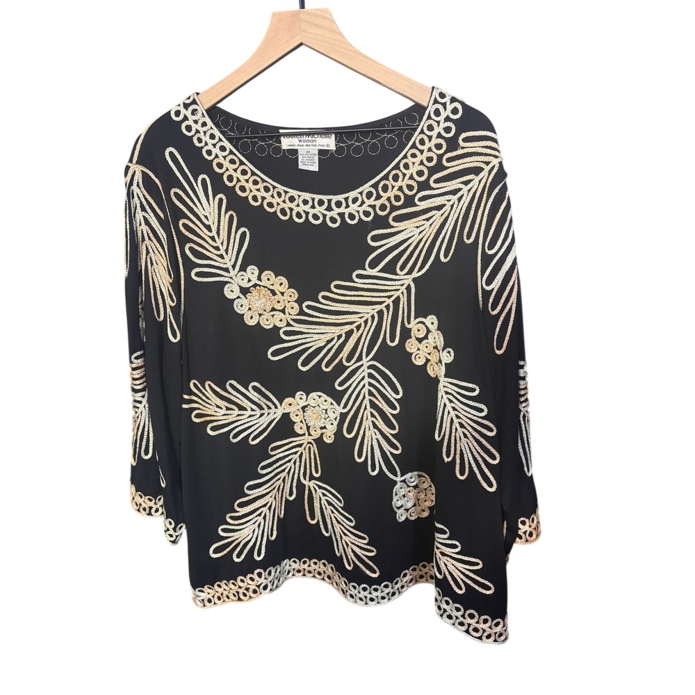 Lauren Michelle Woman 3X Black Beaded Floral Long Sleeve Top Blouse